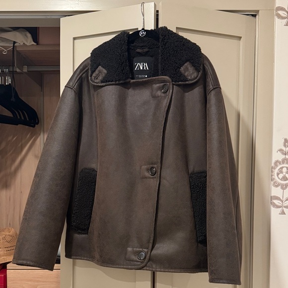 Zara Women's Dark Brown Leather Jacket with Black Details - Picture 1 of 1